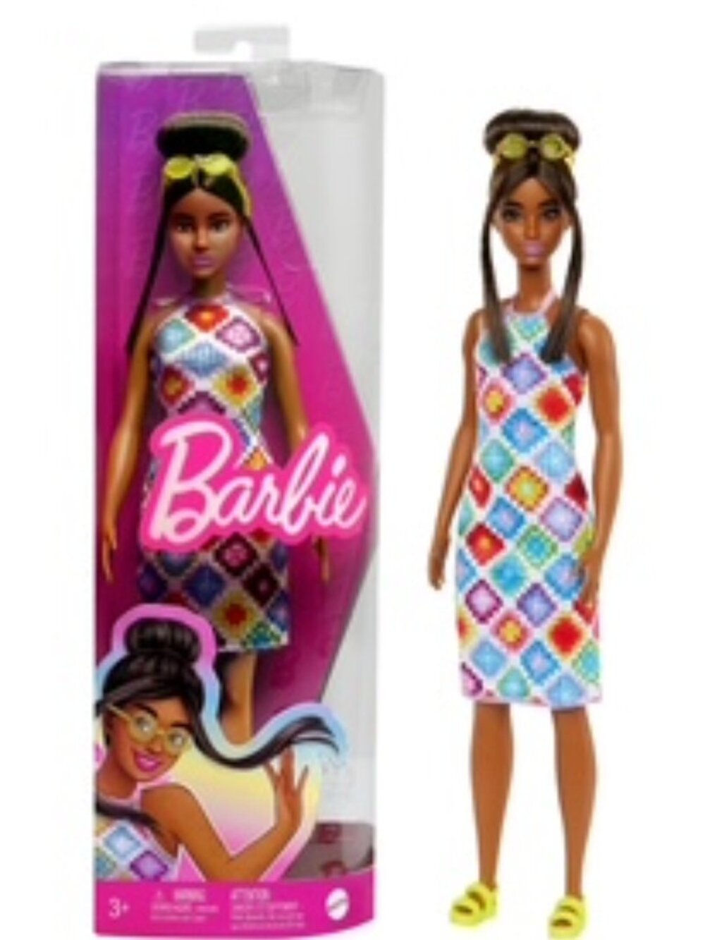 Barbie Fashionista Doll# 210,Bun and crochet Halter Dress + FREE GIFT